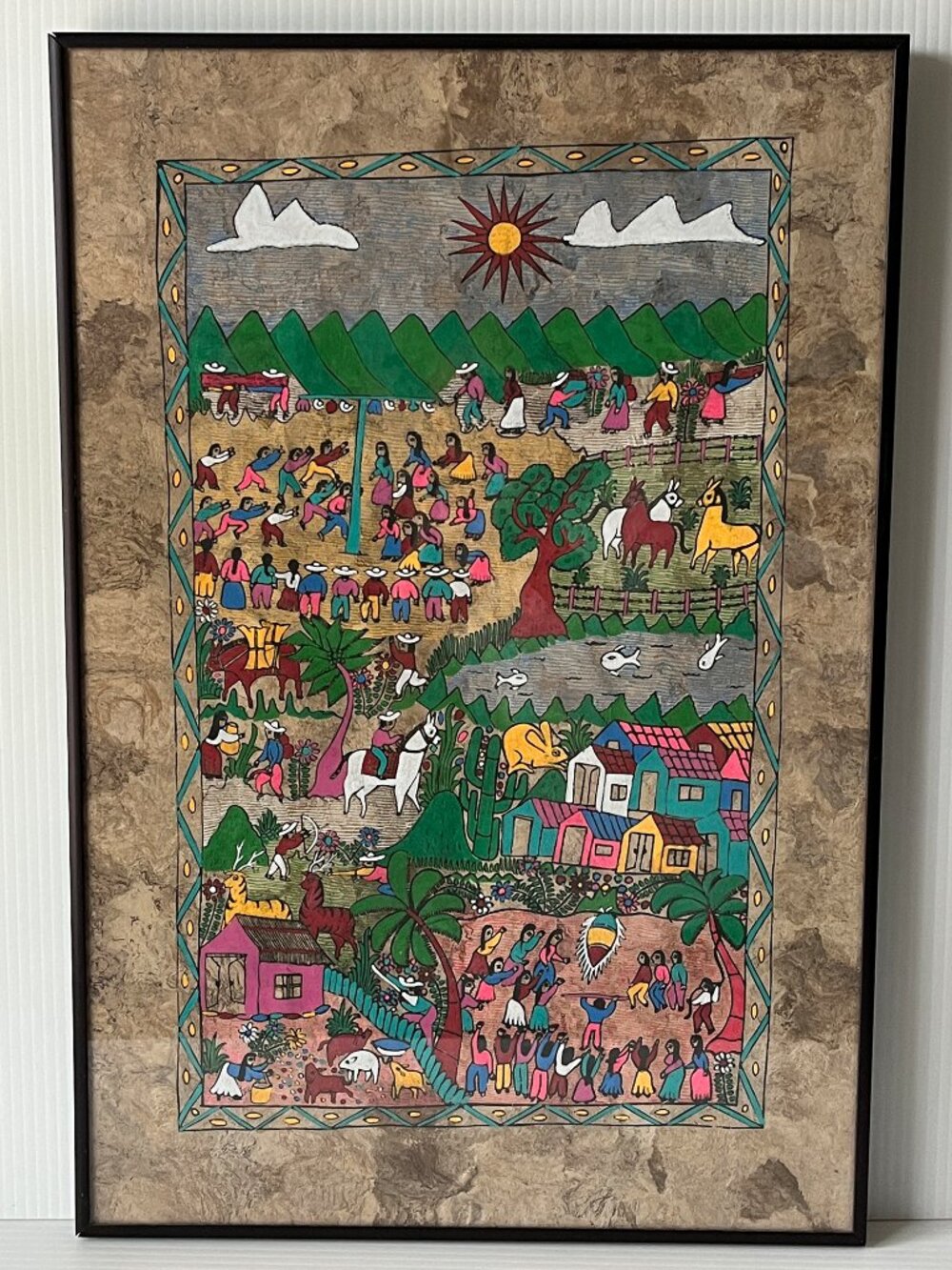 Vintage Mexican Folk Art Amate Bark Painting Village Farm Animals Framed 23.5”